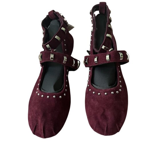 Zara Studded Suede Ballet Flats - Burgundy Red - Size 10 - Ankle Strap - Chic - Picture 8 of 9